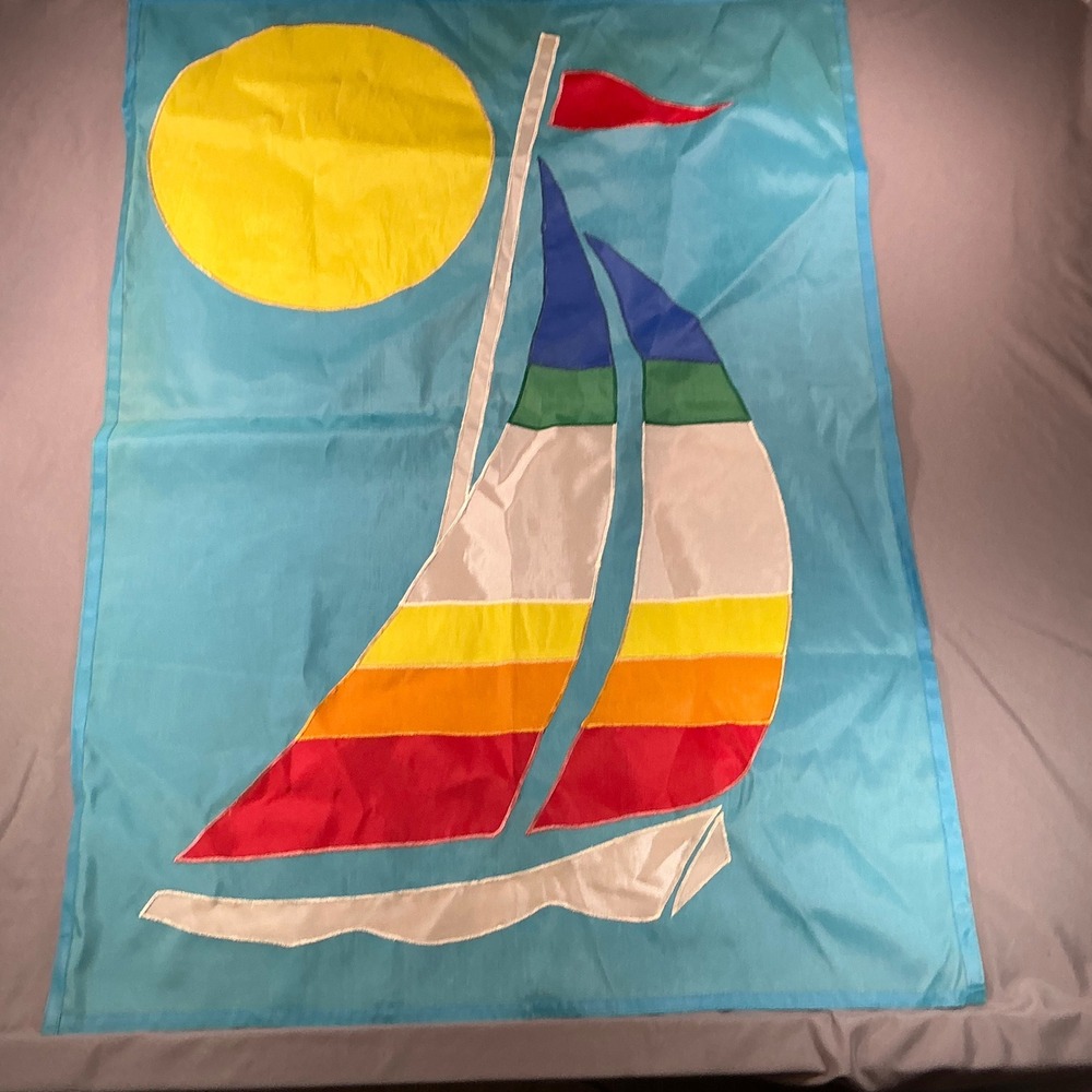 Vintage Sailboat House Flag Rainbow Sun Nautical Coastal Beach Decor 25x41